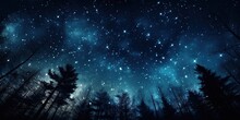A Night Sky Filled With Stars And A Lot Of Trees.