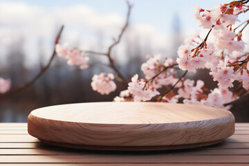 Wall Mural - winter wooden podium mockup for cosmetics, products,perfumes or jewelry with spring Cherry blossom background，spring sakura