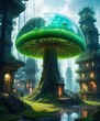 glowing sci-fi city inside a magical translucent glass mushroom, mossy forest. Fantasy