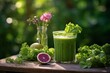 Refreshing smoothie surrounded by lush greenery and microgreens. Nutritious, plant-based, and perfect for a healthy diet. Selective focus. Generative AI