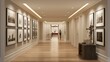 A curated gallery wall in a neutral-toned hallway with recessed lighting