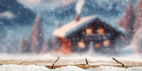 Poster - Wooden desk of free space and winter landscape of Alps. 