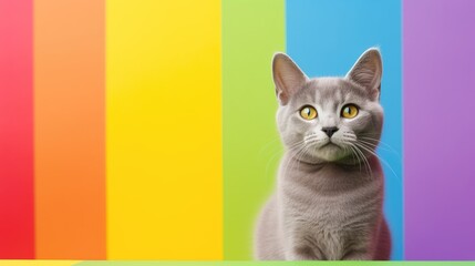 Poster - Gray cat and LGBT rainbow on yellow background copy space.LGBTQIA support. cat sits at a table with rainbow color in the collar symbolizing human rights, social issues, freedom, love.Inclusive concept