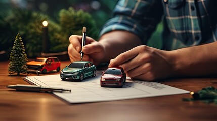 Car insurance concept: Man use pen to write insurance documents check accident point and an accident toy car on a wood table