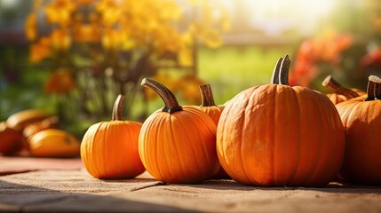 Poster - orange pumpkins at outdoor farmer market. pumpkin patch. Copy space for your text