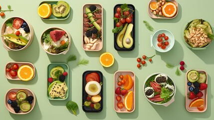 Poster - Lunchboxes on color table, flat lay. Healthy food delivery