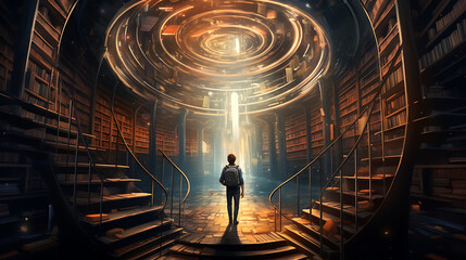 Wall Mural - An image of a person standing at the entrance to a labyrinthine library, with endless bookshelves and winding paths, symbolizing the infinite knowledge, exploration, and discovery of the world 