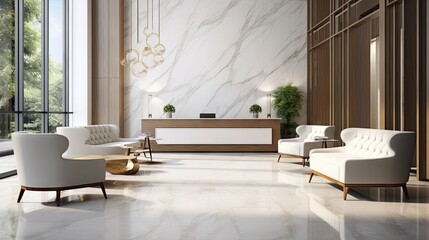 Sticker - Elegance modern reception interior in white marble and wood style with waiting area and reception counter, armchairs, large window, elegant ceiling, pendants, marble wall. 3d render, 3d illustration