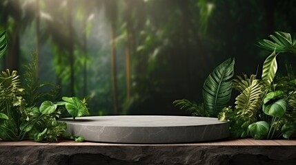 Poster - Stone product display podium with nature leaves background. 3D rendering