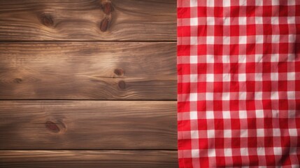 Aufkleber - Red checkered tablecloth on empty wooden table. Napkin close up top view mock up for design. Kitchen rustic background.
