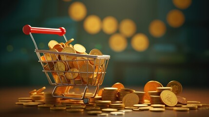 Sticker - Growth of food sales or growth of market basket or consumer price index concept. Shopping basket with foods on coin stacks. 3d illustration