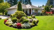 A Beautiful Artificial Lawn In The Front Yard With Nice Flowers And Shrubs Surrounding It
