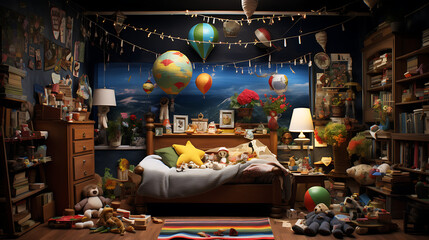 Capture a whimsical and imaginative scene of a child's bedroom coming alive at night, with toys, stuffed animals, and objects taking on a life of their own, sparking wonder and the magic of childhood