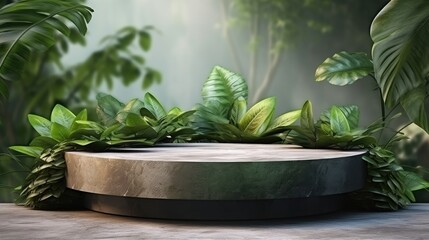 Poster - Stone product display podium with nature leaves background. 3D rendering