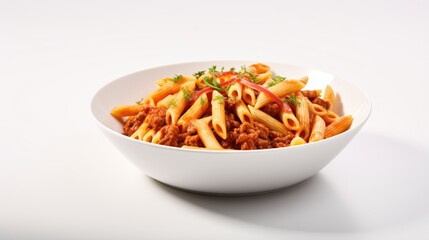 Aufkleber - Pasta Penne Bolognese in white plate on light background. Bolognese sauce is classic italian cuisine dish. Popular italian food.