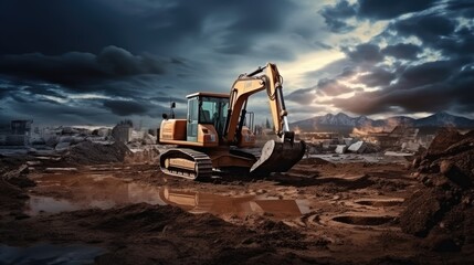 Poster - Wheeled works in a pit at a construction site. The excavator carries out excavation work on the background of a cloudy sky. View from the trench. Preparation of a pit for construction