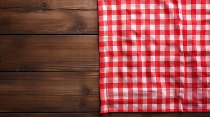 Aufkleber - Red checkered tablecloth on empty wooden table. Napkin close up top view mock up for design. Kitchen rustic background.