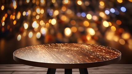 Poster - rustic wood table in front of christmas light night,abstract circular bokeh background