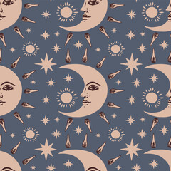 Wall Mural - mystical seamless pattern with crescent moon and stars in retro style.