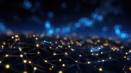 Blue abstract background with a cyber network grid and connected particles.