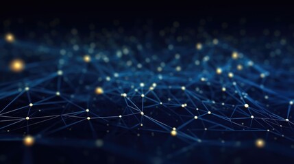 Blue abstract background with a cyber network grid and connected particles.