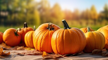 Poster - orange pumpkins at outdoor farmer market. pumpkin patch. Copy space for your text