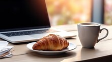 Fresh Tasty Croissant And A Cup Of Coffee Against The Background Of The Workplace Of A Businessman, Student, Manager, Freelancer, Financial Analyst.Coffee Time At Work. Remote Work. Stay Home Concept.