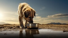 Hungry Or Thirsty Dog Fetches Metal Bowl To Get Feed Or Water