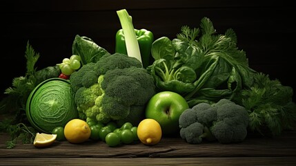 Wall Mural - Organic green vegetables and fruits on dark wooden background.Healthy food.