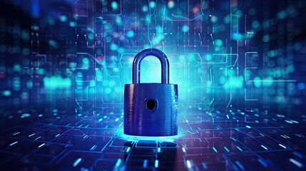 Aufkleber - Cyber data, privacy and network protection concept with padlocks binary code printed on circuit surface and abstract blue background with space for advertising poster or frame. 3D rendering, mockup
