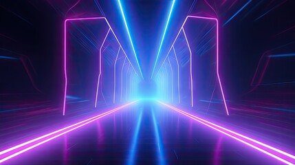 Aufkleber - 3d render, abstract minimal background, glowing lines tunnel, arch, corridor, pink blue neon lights, ultraviolet spectrum, virtual reality, laser show