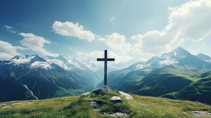 Poster - Summer mountain landscape near Mestia, Svaneti region, Georgia, Asia. Snowcapped mountains in the background. Blue sky with clouds above. Christian cross on the top of the hill. Travel destination
