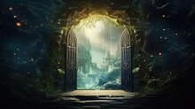 Magic Gate. Mysterious Entrance Portal To Fantasy World. Ancient Ruins. Passage To Another World. Stone Door To An Alien World. Fantasy Landscape With Sunrise. Fairy-tale Scene. 3D Art