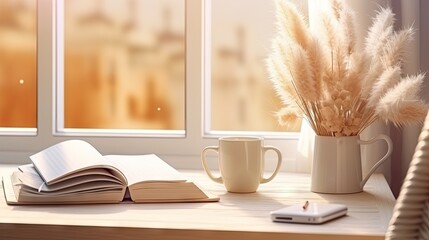 Poster - Women's home office workspace. Freelance work, business workplace. Light aesthetic hygge space with wooden chair, table, reed pampas grass bouquet, mug, notebook. Modern interior design.