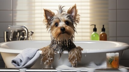 Wall Mural - Wash the dogs (grooming dog) on a white background in studio