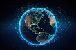 Global communication network around planet Earth in space, worldwide exchange of information by internet and connected satellites for finance, cryptocurrency or IoT technology.