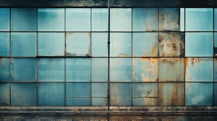 Poster - Grunge background of old shop windows of an inactive factory room, traces of aging glass, cracks. Reflections of the blue sky. Aspect ratio 3 to 1.