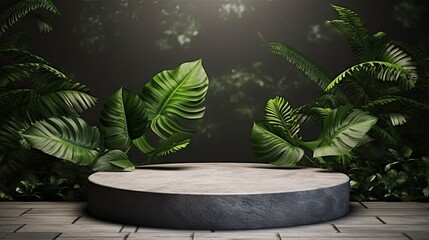 Poster - Stone product display podium with nature leaves background. 3D rendering