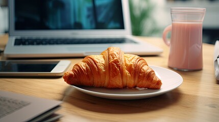 Poster - Fresh tasty croissant and a cup of coffee against the background of the workplace of a businessman, student, manager, freelancer, financial analyst.Coffee time at work. Remote work. Stay home concept.