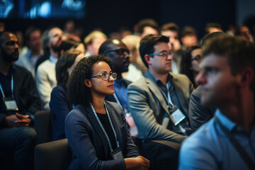 Business woman sitting in dark crowded auditorium at an international business conference.