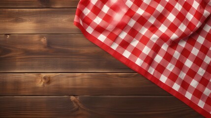 Aufkleber - Red checkered tablecloth on empty wooden table. Napkin close up top view mock up for design. Kitchen rustic background.