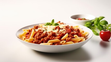 Aufkleber - Pasta Penne Bolognese in white plate on light background. Bolognese sauce is classic italian cuisine dish. Popular italian food.