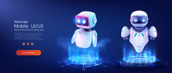 Futuristic Robotic Illustration for Mobile Design with Digital Holographic Platform. AI chat bot based on artificial intelligence, neural networks. 3D vector illustration isolated on blue background