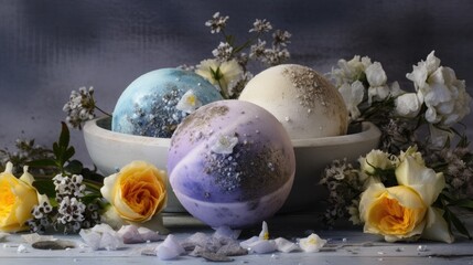 Poster - Composition with bath bombs, sea salt, dry flowers on grey background