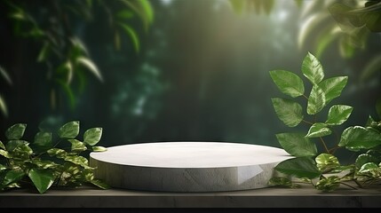Poster - Stone product display podium with nature leaves background. 3D rendering