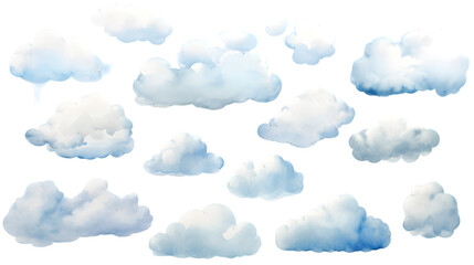 Wall Mural - Watercolor set of sky blue clouds isolated on transparent background