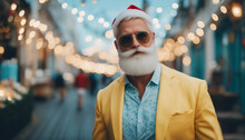 Modern And Fashionable Santa Claus In Blue And Yellow Clothes. Generative AI.