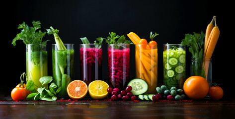 Wall Mural - Healthy vegetable fruit smoothies on dark background