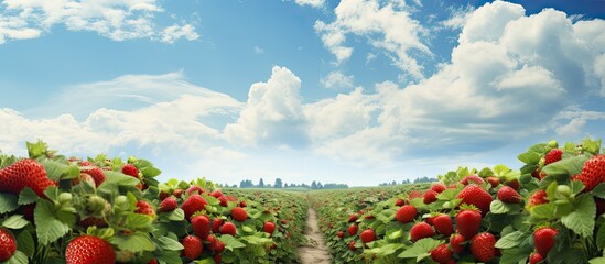 Wall Mural - Field of strawberries With copyspace for text