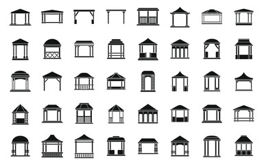 Pergola icons set simple vector. Gazebo park. Wooden alcove patio